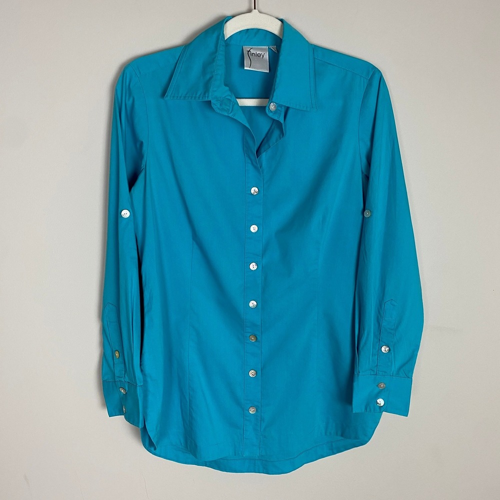 Finley Button Down Shirt Womens Small Turquoise Roll Tab Sleeve Cotton Career